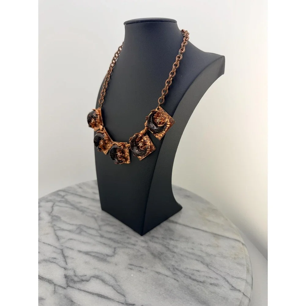 1950s Copper Tone Celestial Bib Necklace Black Confetti Lucite Moons, Whimsigoth - Picture 4 of 15